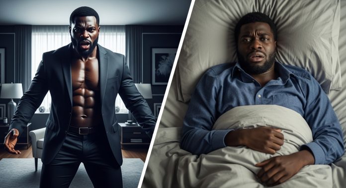 A symbolic split-screen: left shows a powerful man dominating the bedroom, right shows the same man now lying alone in bed, drained and confused — hinting at how the liver quietly steals sexual confidence