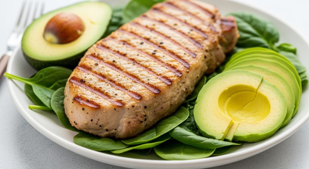 Healthy plate of grilled pork loin with avocado and spinach