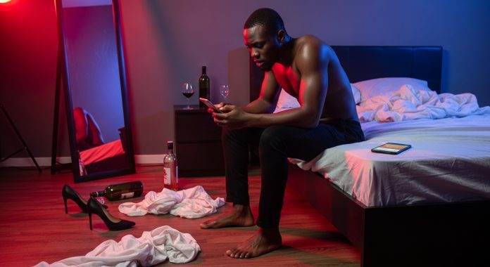 A shirtless African man sits hunched over on the edge of an unmade bed, his face tense with worry, sweat glistening on his skin. The room is bathed in moody red and blue lighting, hinting at danger and emotional turmoil. Behind him, a mirror reflects his anxious expression. Scattered across the floor are high heels, tangled sheets, and a half-empty bottle of alcohol—symbols of a wild, impulsive night. On the bedside table, his phone lights up with a search: “STI symptoms in men.” The air feels heavy with dread as he begins to realize that pleasure might have come with a painful price.