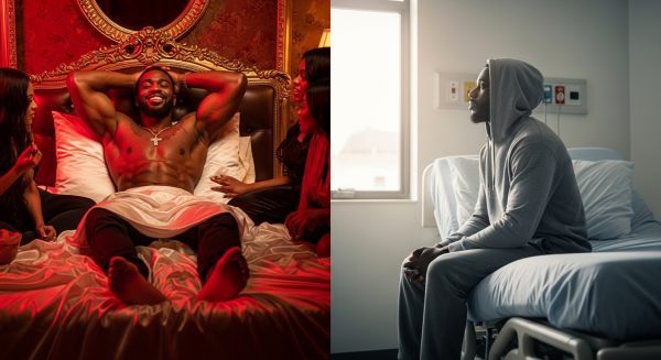 Split-screen image illustrating a powerful transformation. On the left side, a confident, muscular man lounges shirtless on a luxurious bed with satin sheets, smirking as he’s surrounded by adoring women, vibrant red lighting and gold accents emphasizing his dominance and charisma — the epitome of a “Bedroom King.” On the right side, the same man sits alone on a hospital bed, thinner now, wearing a hoodie and staring pensively out a window as bright morning light floods the sterile white room. The background is lively and emotionally charged — rich reds, warm golds, and cool whites telling a silent but powerful story of pride, fall, and quiet survival.