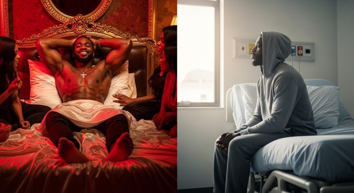 Split-screen image illustrating a powerful transformation. On the left side, a confident, muscular man lounges shirtless on a luxurious bed with satin sheets, smirking as he’s surrounded by adoring women, vibrant red lighting and gold accents emphasizing his dominance and charisma — the epitome of a “Bedroom King.” On the right side, the same man sits alone on a hospital bed, thinner now, wearing a hoodie and staring pensively out a window as bright morning light floods the sterile white room. The background is lively and emotionally charged — rich reds, warm golds, and cool whites telling a silent but powerful story of pride, fall, and quiet survival.