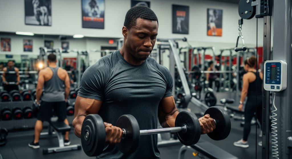 An African man confidently lifting weights in a gym, unaware of subtle warning signs—representing the invisible threat of high blood pressure.