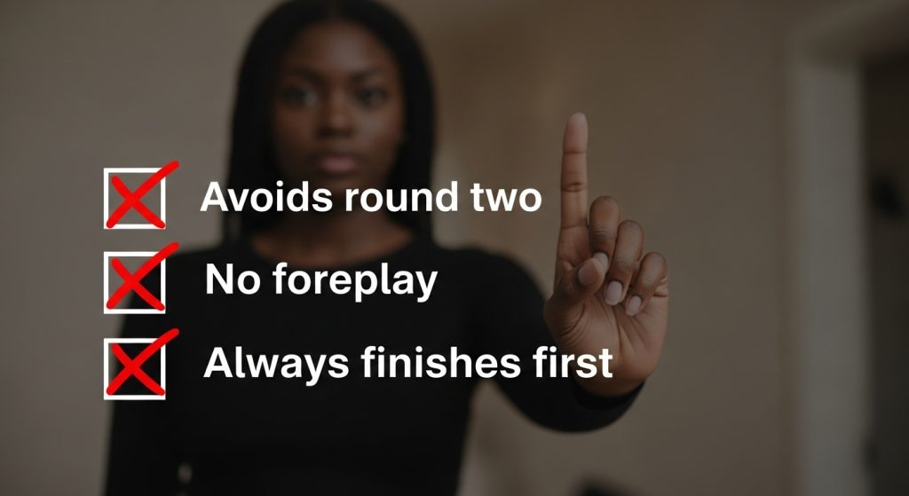 A checklist with red “X” marks next to lines like “Avoids round two,” “No foreplay,” “Always finishes first.” In the background: a blurred image of a woman turning off the lights with a cold expression.
