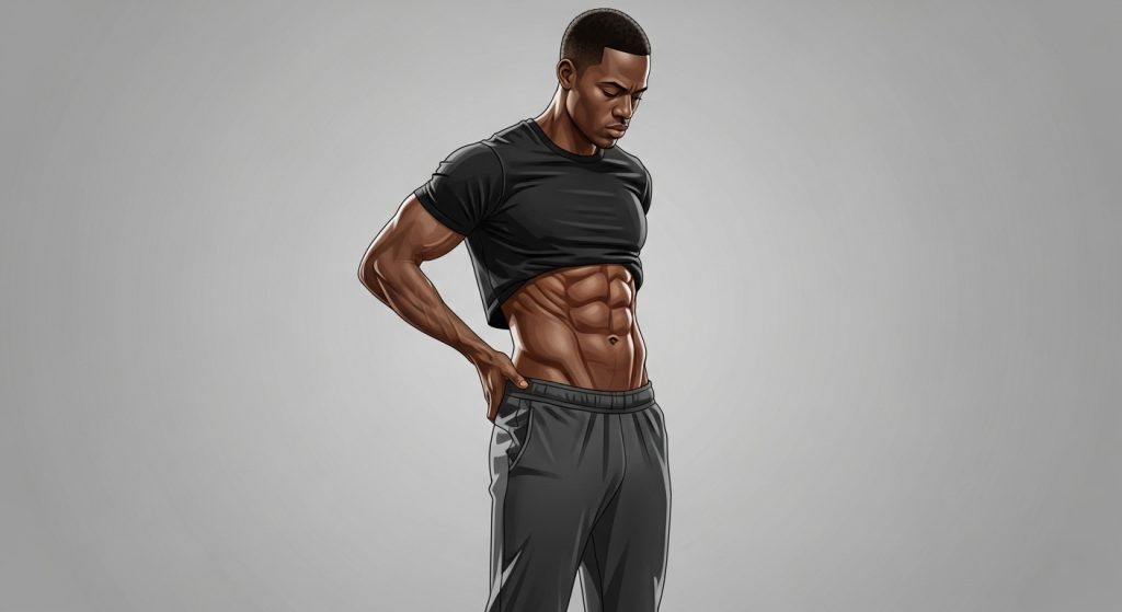 Illustration of a man tightening his lower muscles while sitting or standing, showing focus and control.