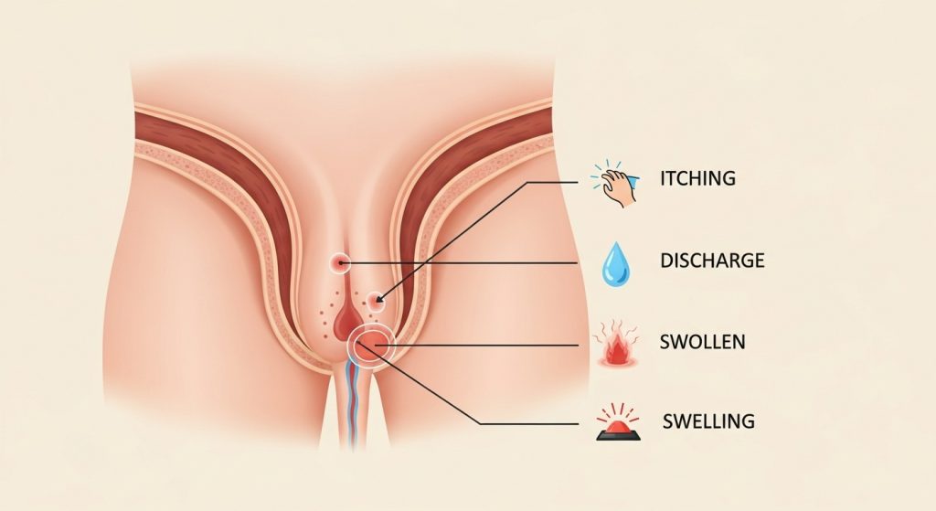 A medical diagram highlighting male groin area symptoms—itching, discharge, and swelling—with warning icons next to affected zones.