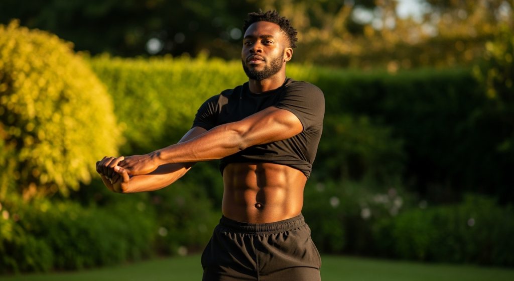 Confident African man stretching in the morning sunlight, looking proud and powerful.