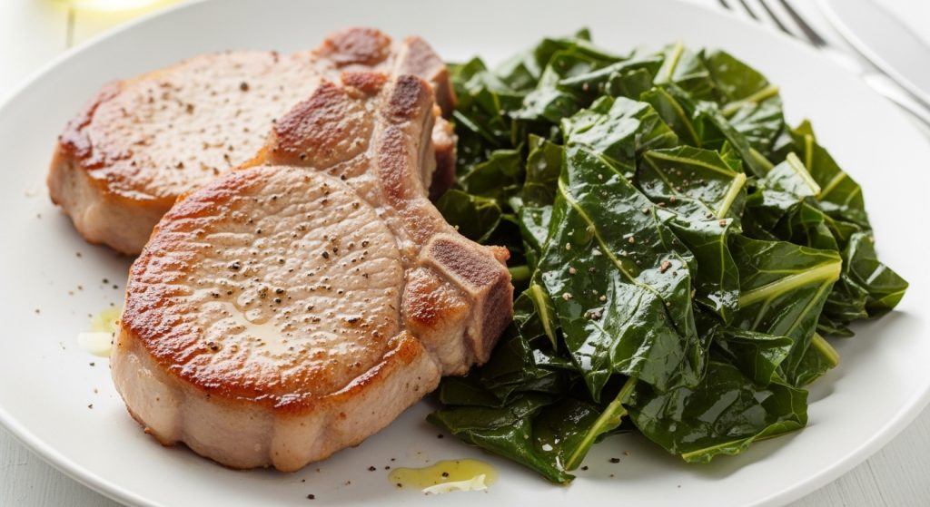 Lean pork chops served with greens to show how pork meat can increase sexual performance in men through zinc intake