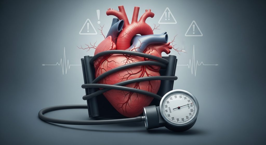 An artistic image of a human heart tightly wrapped in a blood pressure cuff, with visible stress lines and faint cracks forming across its surface. Surrounding it are subtle warning icons—like exclamation marks and faded pulse lines—emphasizing the invisible danger of unchecked hypertension.
