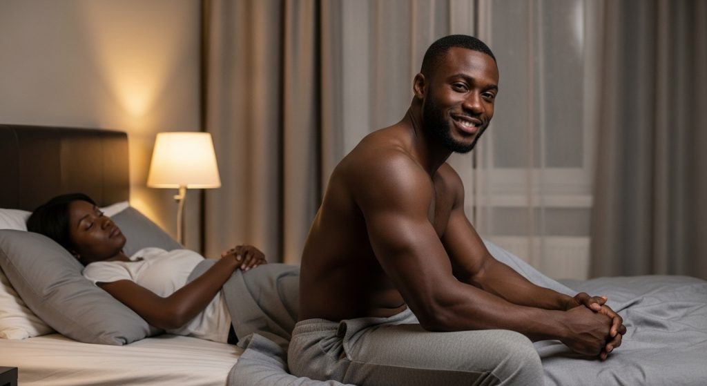 Man sitting at the edge of a bed at night, smirking with confidence as a satisfied woman sleeps behind him — lamp casting soft light on his muscular back.