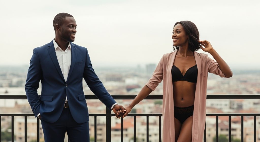 A powerful image of an African man in a suit holding hands with a woman in lingerie, both smiling confidently on a balcony overlooking the city — symbolizing success, love, and passion.