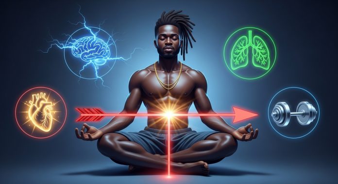 Stylized art of a man meditating, with a powerful red arrow rising from his lap. Around him float glowing icons — brain, lungs, heart, dumbbell