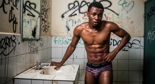 A young Nigerian man in his late twenties with rich brown skin and a lean, slightly muscular build stands shirtless in a dingy, poorly lit public bathroom inside a Nigerian university hostel. His body is blotched with visible red rashes and clusters of sores spreading across his lower abdomen, thighs, and groin. He’s hunched over a cracked, stained sink, frantically scratching at his side with one hand while gripping the edge of the sink with the other. His face is a portrait of panic and confusion—sweat beads on his forehead, his eyes wide and glassy, lips trembling as if fighting back tears. The bathroom walls are covered in peeling paint, graffiti, and water stains. A broken mirror reflects his haunted expression. Dirty tiles line the floor, and a weak, flickering fluorescent bulb overhead casts a cold, harsh glow on his trembling body. The entire scene captures a man at rock bottom—itching, afraid, and finally starting to understand that this rash might ruin everything.