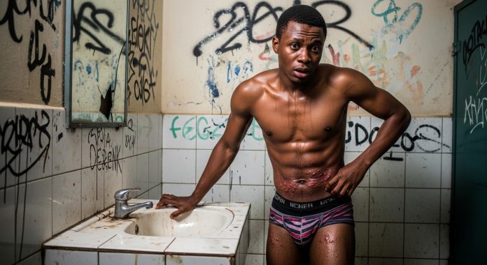 A young Nigerian man in his late twenties with rich brown skin and a lean, slightly muscular build stands shirtless in a dingy, poorly lit public bathroom inside a Nigerian university hostel. His body is blotched with visible red rashes and clusters of sores spreading across his lower abdomen, thighs, and groin. He’s hunched over a cracked, stained sink, frantically scratching at his side with one hand while gripping the edge of the sink with the other. His face is a portrait of panic and confusion—sweat beads on his forehead, his eyes wide and glassy, lips trembling as if fighting back tears. The bathroom walls are covered in peeling paint, graffiti, and water stains. A broken mirror reflects his haunted expression. Dirty tiles line the floor, and a weak, flickering fluorescent bulb overhead casts a cold, harsh glow on his trembling body. The entire scene captures a man at rock bottom—itching, afraid, and finally starting to understand that this rash might ruin everything.