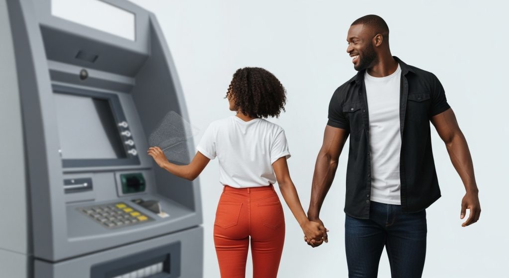 Bold image of an ATM machine fading into the background, while a muscular African man with a confident smirk walks away holding a woman’s hand — both looking playful and connected.