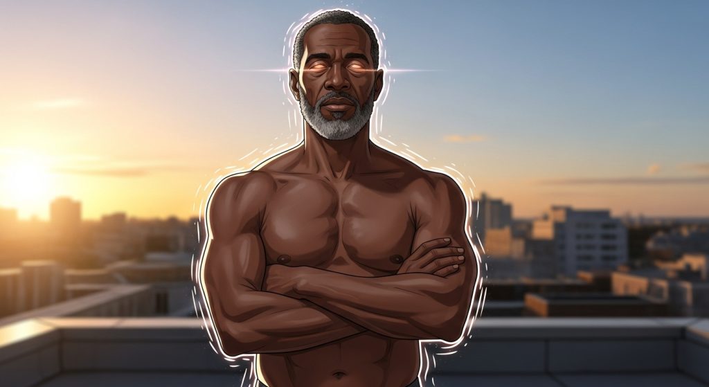 Digital illustration of a confident, muscular middle-aged Black man with a salt-and-pepper beard, standing shirtless on a rooftop at sunrise. His arms are crossed, chest out, eyes glowing with quiet power. A faint aura surrounds him, symbolizing untapped sexual energy.