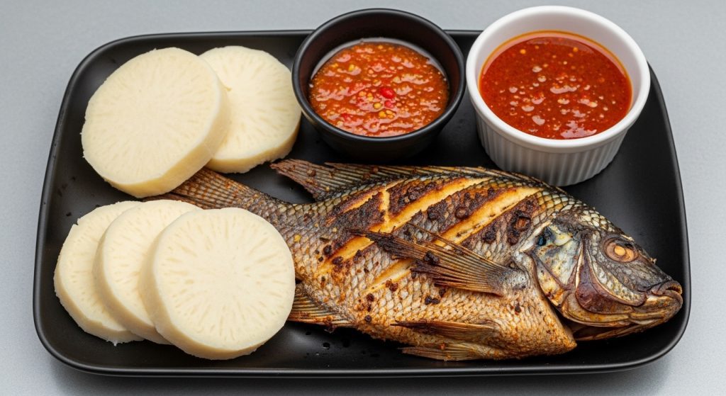 A colorful traditional African meal featuring boiled white yam slices, grilled tilapia fish, and a side of pepper sauce — rich in stamina-boosting nutrients like iron, protein, and natural testosterone enhancers for improved male sexual performance.