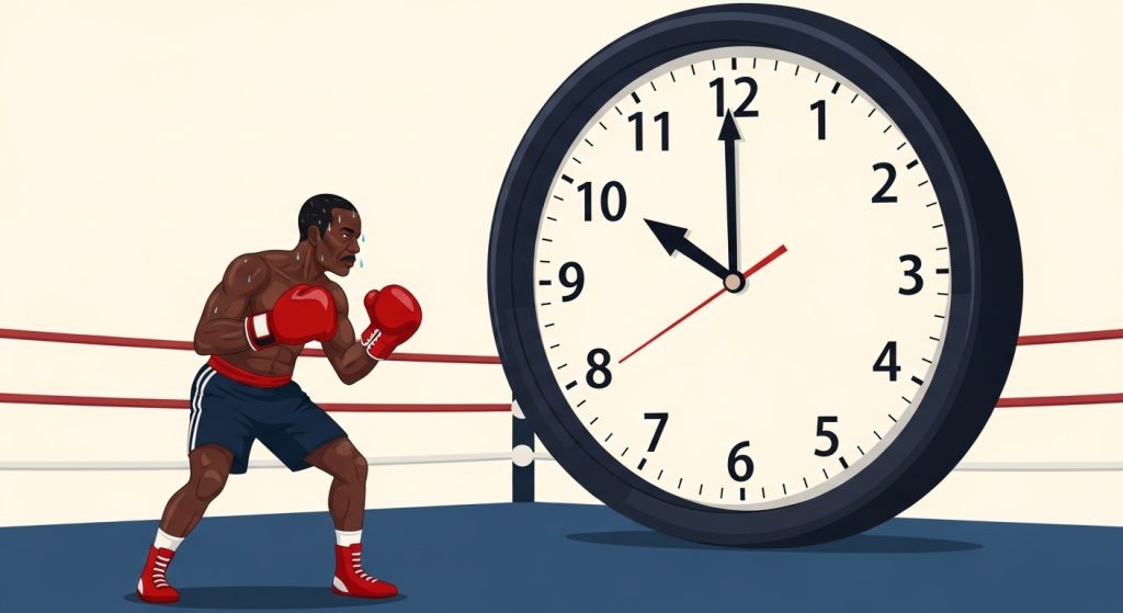 Stylized illustration of a middle-aged man wearing boxing gloves, squaring up against a giant clock in a boxing ring. Sweat drips from his brow, but his stance is strong and determined. The clock looms over him, representing aging and declining erections — but he’s ready to fight back.
