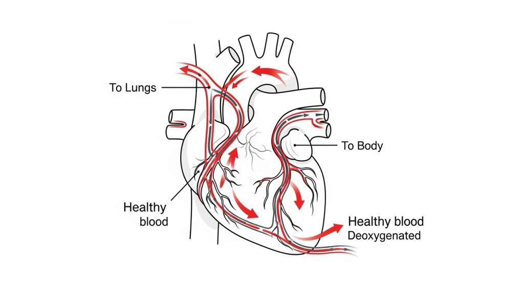 Simple drawing of a heart pumping blood with arrows showing healthy blood flow