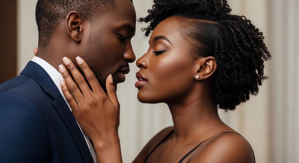 An elegant African couple engaged in a moment of passionate foreplay, their deep, sensual eye contact revealing undeniable chemistry. The mood is intimate yet refined, with a warm ambiance that highlights their emotional connection and mutual desire.