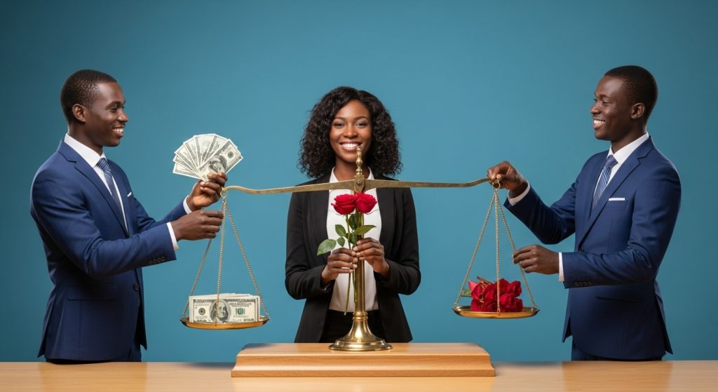 Two men standing on opposite ends of a balancing scale — one holding money, the other holding a rose and massage oil — while a smiling woman stands in the middle choosing both.