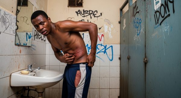 A young Nigerian man in his late twenties with rich brown skin and a lean, slightly muscular build stands shirtless in a dingy, poorly lit public bathroom inside a Nigerian university hostel. His body is blotched with visible red rashes and clusters of sores spreading across his lower abdomen, thighs, and groin. He’s hunched over a cracked, stained sink, frantically scratching at his side with one hand while gripping the edge of the sink with the other. His face is a portrait of panic and confusion—sweat beads on his forehead, his eyes wide and glassy, lips trembling as if fighting back tears. The bathroom walls are covered in peeling paint, graffiti, and water stains. A broken mirror reflects his haunted expression. Dirty tiles line the floor, and a weak, flickering fluorescent bulb overhead casts a cold, harsh glow on his trembling body. The entire scene captures a man at rock bottom—itching, afraid, and finally starting to understand that this rash might ruin everything.
