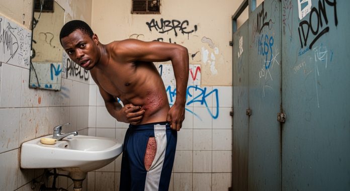 A young Nigerian man in his late twenties with rich brown skin and a lean, slightly muscular build stands shirtless in a dingy, poorly lit public bathroom inside a Nigerian university hostel. His body is blotched with visible red rashes and clusters of sores spreading across his lower abdomen, thighs, and groin. He’s hunched over a cracked, stained sink, frantically scratching at his side with one hand while gripping the edge of the sink with the other. His face is a portrait of panic and confusion—sweat beads on his forehead, his eyes wide and glassy, lips trembling as if fighting back tears. The bathroom walls are covered in peeling paint, graffiti, and water stains. A broken mirror reflects his haunted expression. Dirty tiles line the floor, and a weak, flickering fluorescent bulb overhead casts a cold, harsh glow on his trembling body. The entire scene captures a man at rock bottom—itching, afraid, and finally starting to understand that this rash might ruin everything.