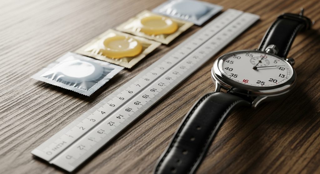 Close-up of a ruler on a wooden table, beside condoms and a stopwatch