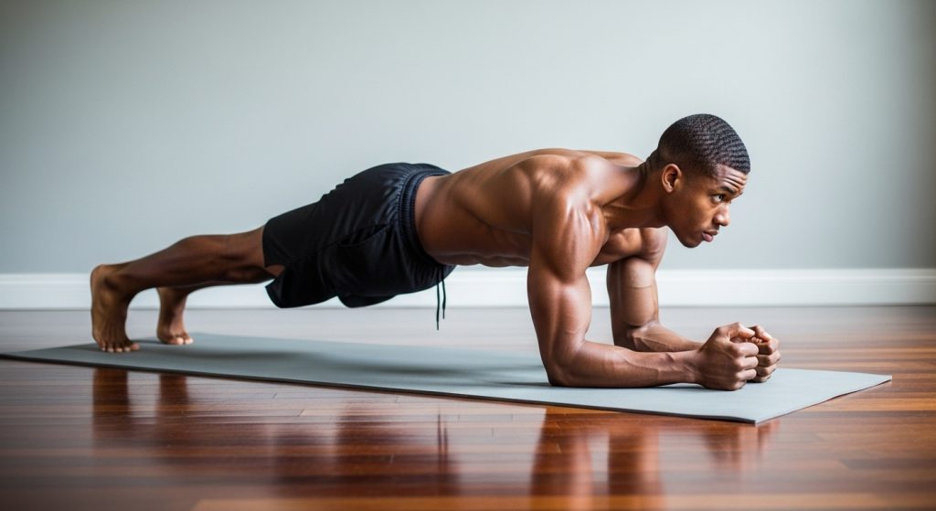 Strong African man holding a plank position, body straight, showing focus and control.
