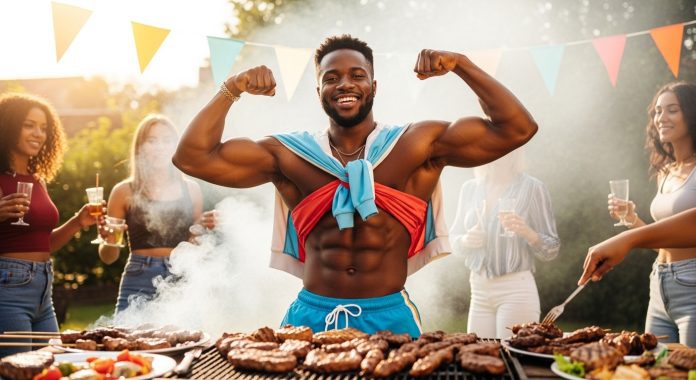 Fit African man flexing at a BBQ showcasing how pork meat boosts stamina and sexual performance