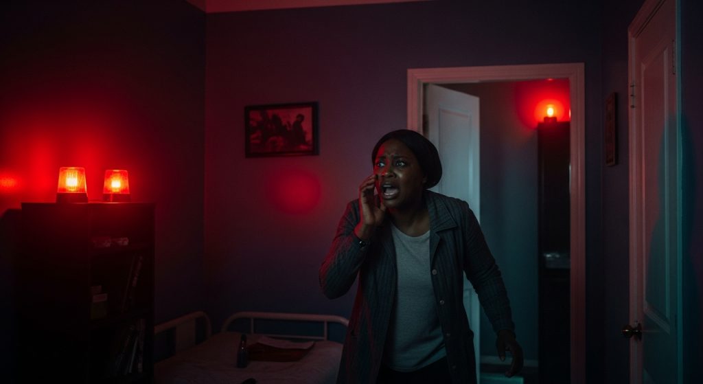 A dimly lit room suddenly filled with chaos—an African woman calling for help, her face filled with fear, as flashing red emergency lights cast dramatic shadows on the walls. A sense of urgency and confusion fills the scene, symbolizing the terrifying moment when everything changes in an instant.