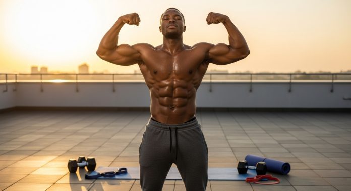 A muscular African man, shirtless and glistening with a slight morning sweat, standing on a rooftop at sunrise. He’s in a powerful pose — flexing his arms and abs, with his head held high, eyes closed, and a confident smirk on his face. Behind him, the golden morning sun rises, casting a warm glow over his body, highlighting his chiseled chest, groin area, and thighs. His grey joggers hang low on his waist, subtly hinting at his powerful manhood underneath — no nudity, just bold masculine energy. Around him: faint, blurred silhouettes of dumbbells, a yoga mat, and resistance bands — symbolizing discipline and strength.