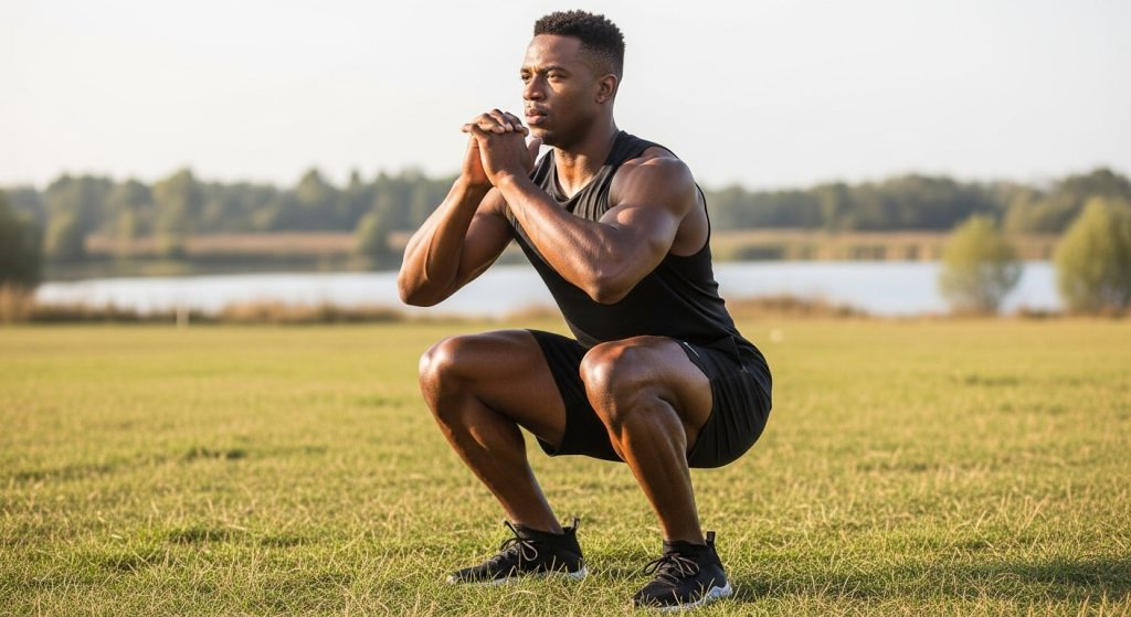 African man doing bodyweight squats in an open space, showing strong legs and focus.