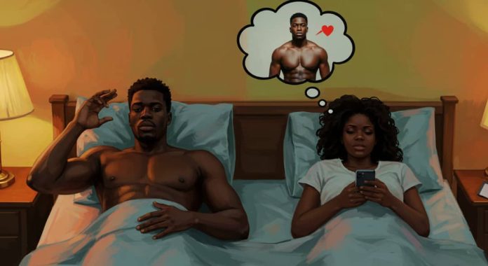 A black man laying in bed with his partner who isn't in the moment with him