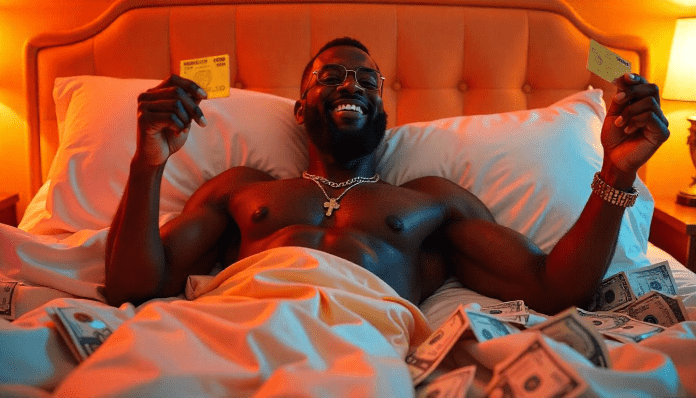 A shirtless, muscular African man lying on a bed covered in dollar bills, holding a gold credit card in one hand and a silk bedsheet in the other — oozing wealth, power, and undeniable bedroom energy.