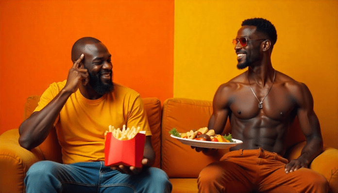 A split image showing two African men: one tired and slouched on a couch holding a fast-food tray, the other standing tall, shirtless with confidence, holding a plate of traditional African food — symbolizing the contrast between weakness and natural strength.