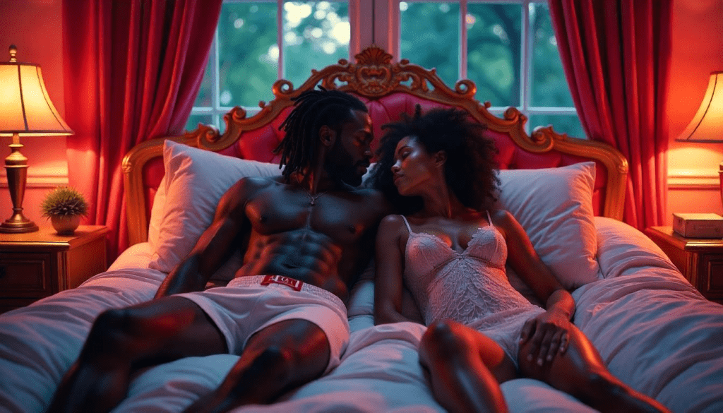 Sad African couple lying back-to-back in bed, facing away from each other with blank expressions, showing emotional distance and lack of intimacy in the relationship.