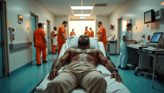 A brightly lit hospital emergency room with white walls, beeping monitors, and medical staff moving quickly. At the center, an African man lies on a stretcher, chest exposed, surrounded by paramedics working urgently. A discarded shirt and personal items hint at how suddenly he was brought in. The contrast between the sterile, clinical environment and the man's recent intimacy underscores the hidden threat of high blood pressure during physical exertion.
