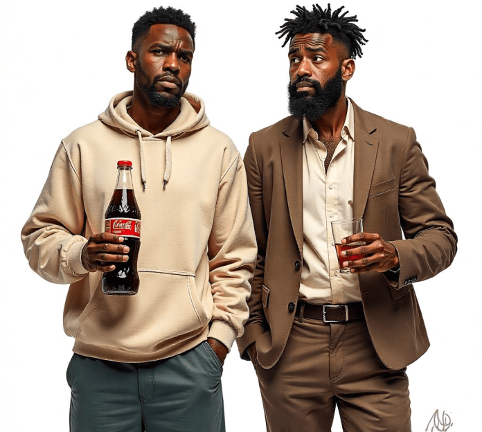 Two black adult men standing side by side against a plain white background. The man on the left, wearing casual sportswear, is holding a large bottle of soda and appears visibly fatigued, slouching with dull eyes and low energy. The man on the right, dressed in semi-formal clothes, holds a whiskey glass and looks equally exhausted, with messy hair and dark under-eye circles. Both men have tired expressions, highlighting the physical effects of soft drinks and alcohol on stamina.