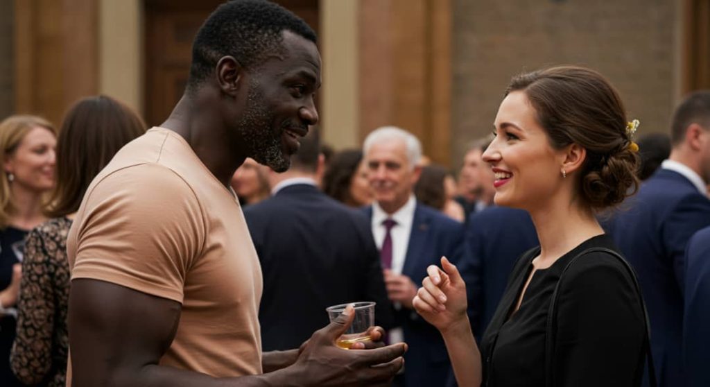 Un homme noir, musclé et confiant, communiquant avec une belle dame noire