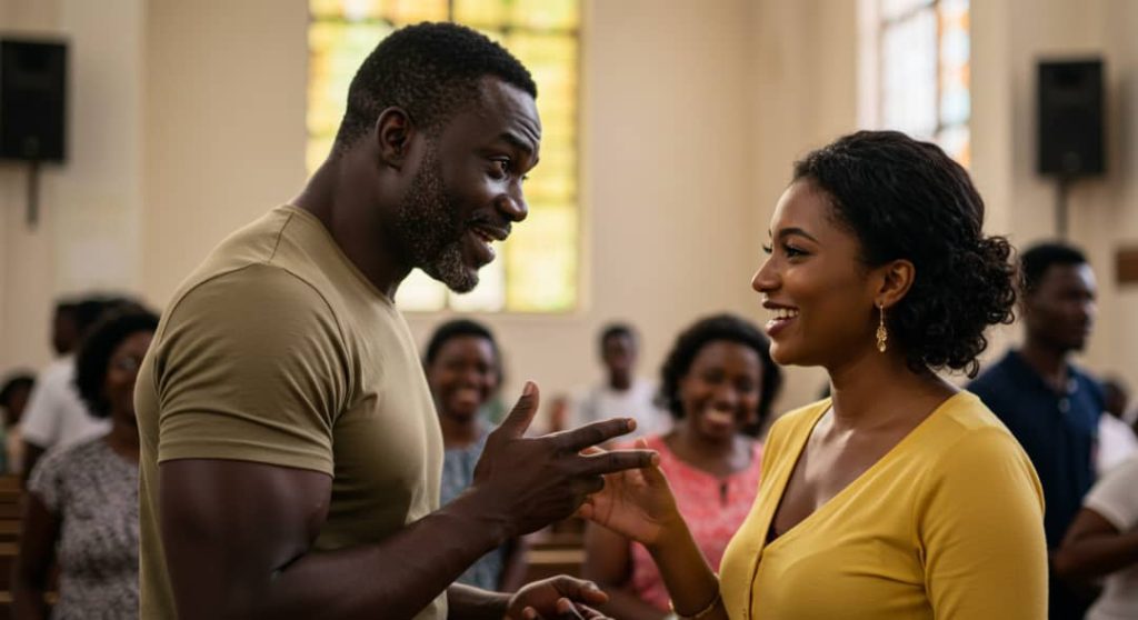 A blck muscular confident man, communicating with a beautiful black lady