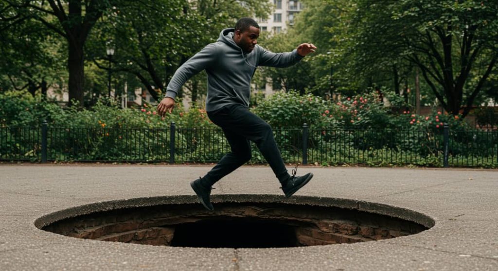 A black man avoiding pitfalls