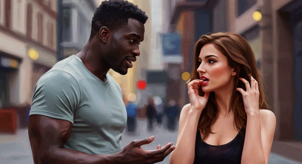 A man charming and seducing a beautiful woman