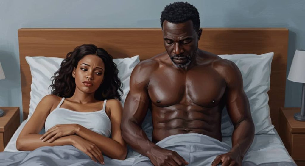 An African man experiencing stamina failure in bed