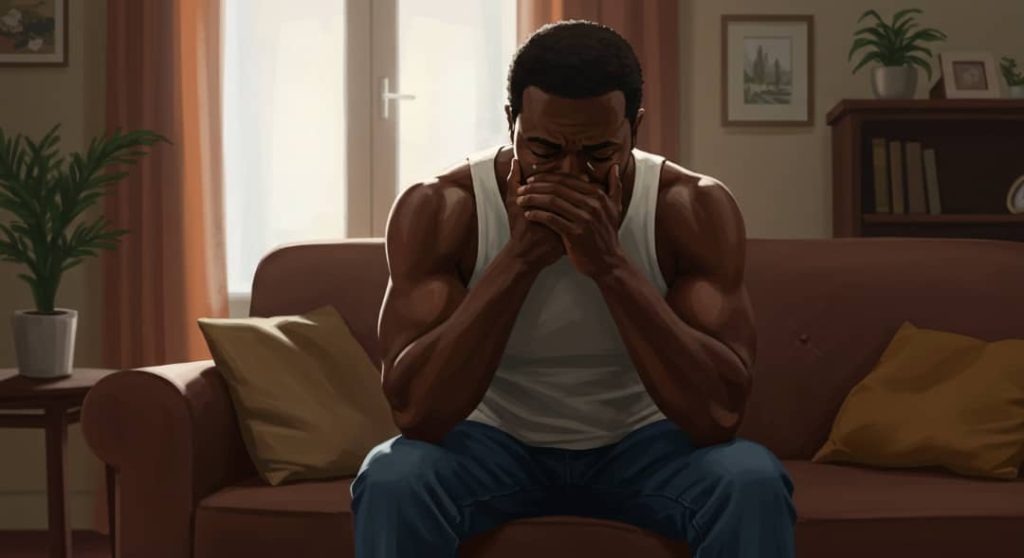 A black African man sorrowing over his late wife