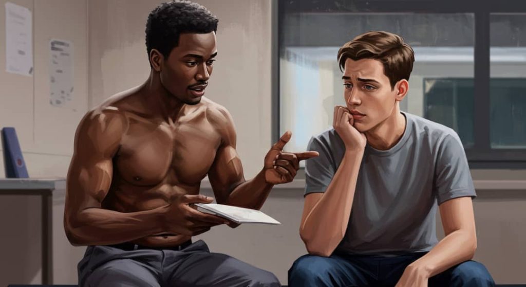 Two men discussing some details on signals